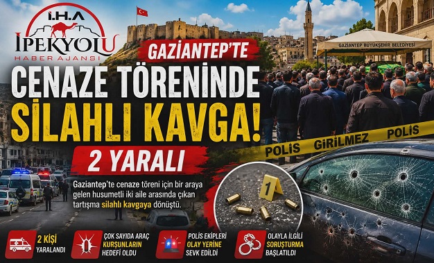   Gaziantep'te cenaze töreni için bir araya gelen husumetli iki aile arasında çıkan tartışma silahlı kavgaya dönüştü. Olayda 2 kişi yaralanırken, çok sayıda araç da kurşunların hedefi oldu.