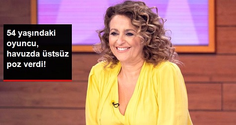54 yaşındaki İngiliz dizi oyuncusu Nadia Sawalha, havuza üstsüz girdi 